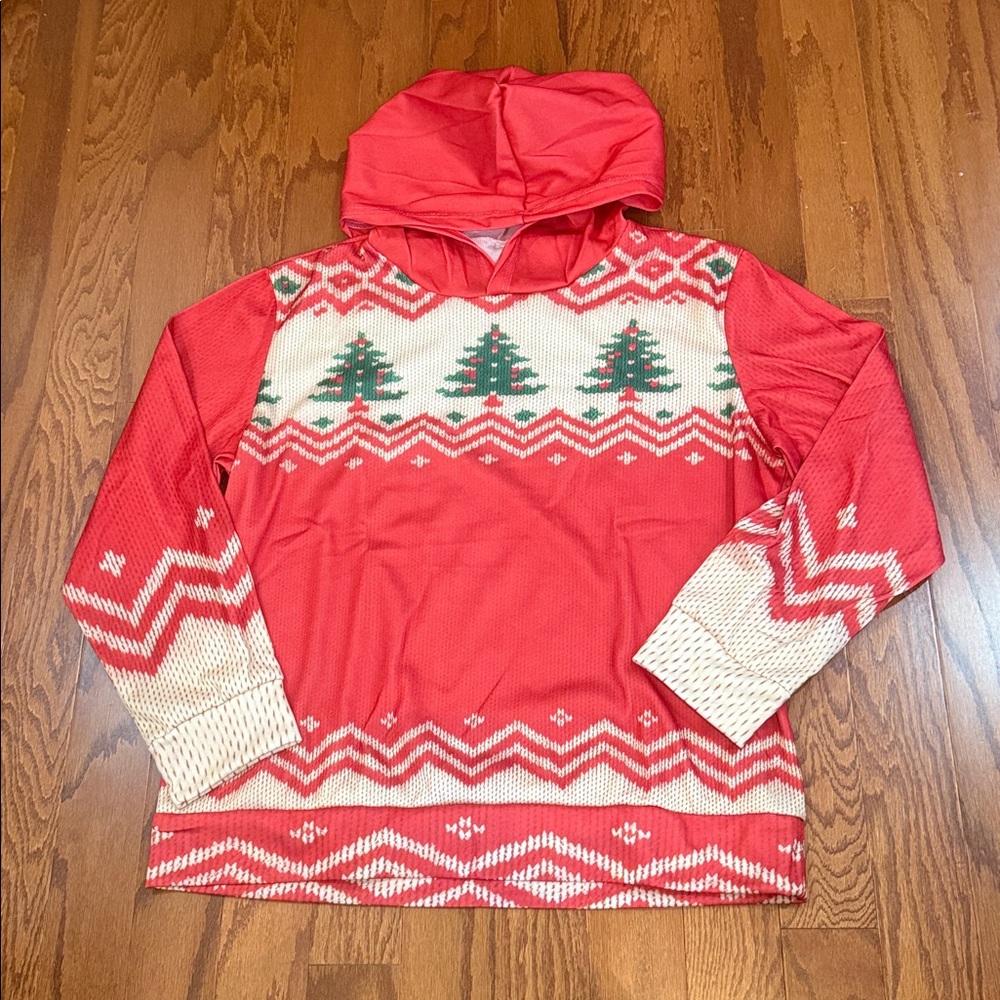 Christmas Tree Fair Isle Print Hoodie Holiday Sweatshirt Red - Picture 5 of 9